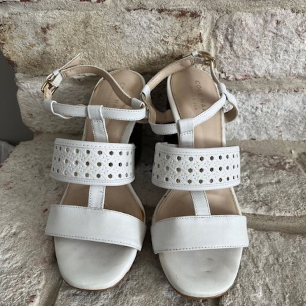 White Cole Haan Strappy High Block Heel Sexy Sandal 5M Excellent Condition